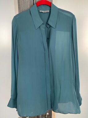 Vince Teal Button-Front Silk Blouse